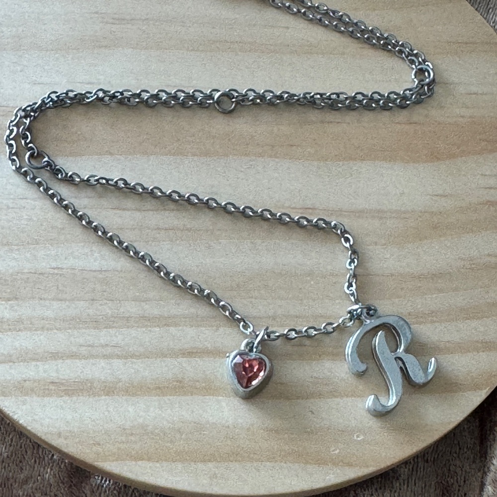 Silver Heart Initial Necklace with Letter “R” Initial